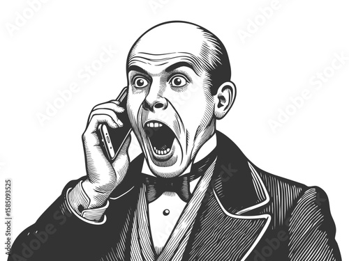 Victorian man in formal attire, holding a smartphone with a surprised open-mouth expression sketch engraving generative ai fictional character vector illustration. Scratch board. Black and white.