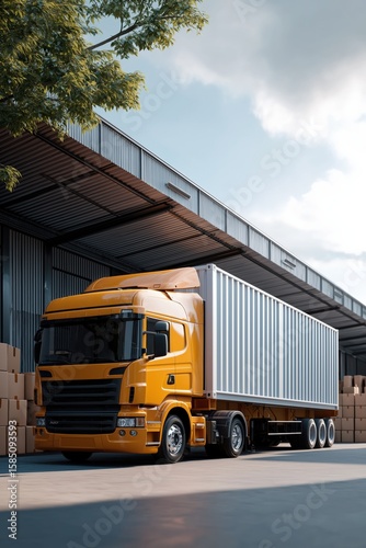 Bright yellow semi-truck parked at modern warehouse with shipping containers