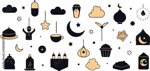 Vector art of a collection of ramadan and eid icons featuring islamic symbols, lanterns, and festive elements isolated on transparent background.