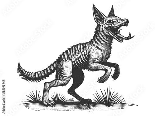skeletal, snarling chupacabra with exaggerated fangs, pointed ears, and sharp claws standing on grass sketch engraving generative ai vector illustration. Scratch board imitation. Black and white image