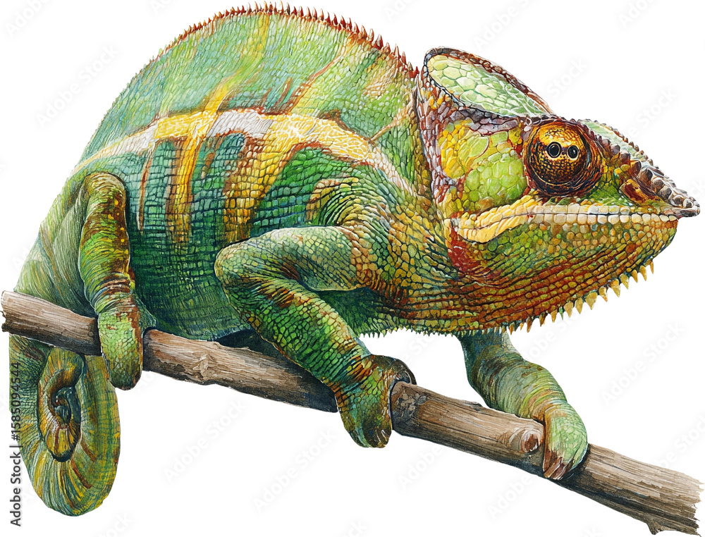 Obraz premium Detailed realistic watercolor painting of a green chameleon on a branch isolated on transparent background