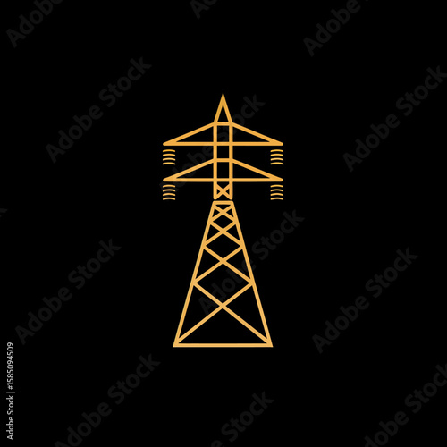 Golden outline of an electricity pylon against a black background.