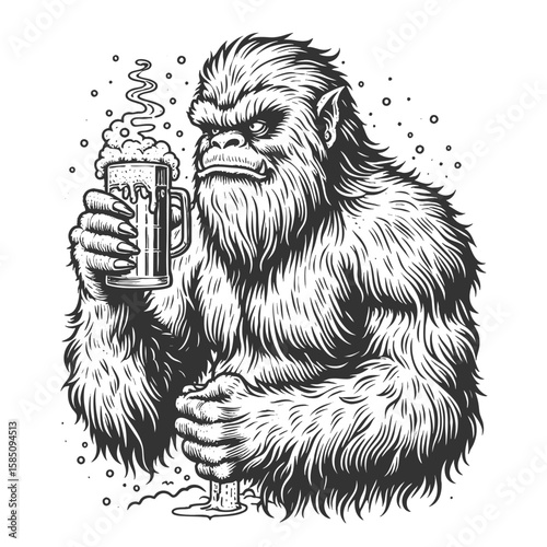 grumpy yeti or bigfoot creature sitting at a table, holding a foamy beer glass sketch engraving generative ai fictional character vector illustration. Scratch board imitation. Black and white image.