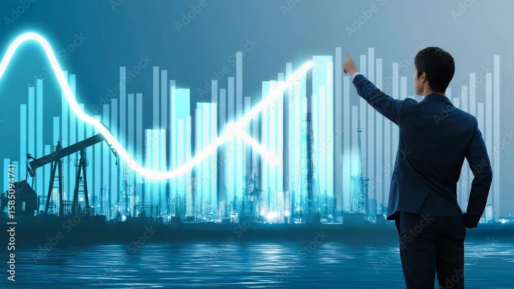 Man pointing at a graph with a blue background. The graph is showing a line with a curve. economist pointing at bar chart of oil exports in newly developing zone, emerging oil markets