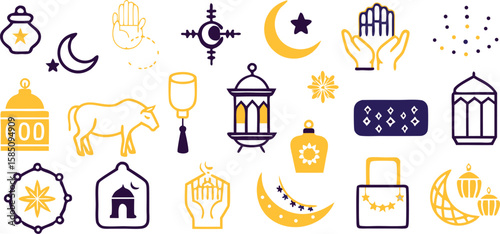 Vector art of a colorful set of islamic icons featuring a crescent moon, mosque, and lanterns isolated on transparent background.