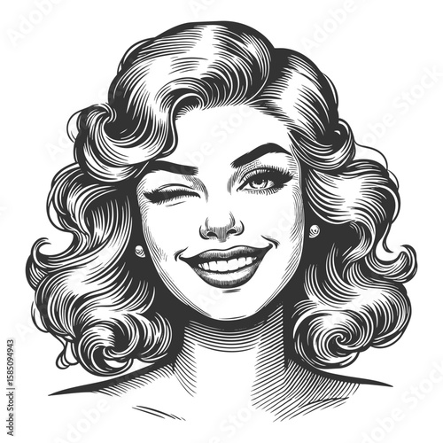 smiling pin-up style woman with classic hairstyle, winking and posing with a playful expression sketch engraving generative ai fictional character vector. Scratch board. Black and white image.