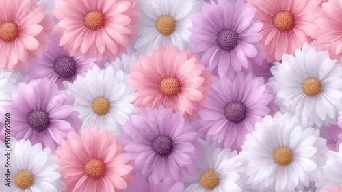 A vibrant, close-up pattern of pink, white, and purple daisy-like flowers with orange centers fills the frame, symbolizing beauty, spring, and floral abundance.