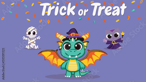 Cartoon halloween scene featuring dragon, mummy, cat wizard and trick or treat text above them