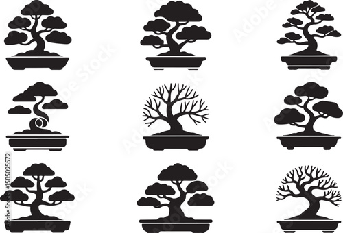 Collection of bonsai tree silhouettes, miniature ornamental tree illustrations for zen decor, gardening design, nature art, and peaceful composition themes