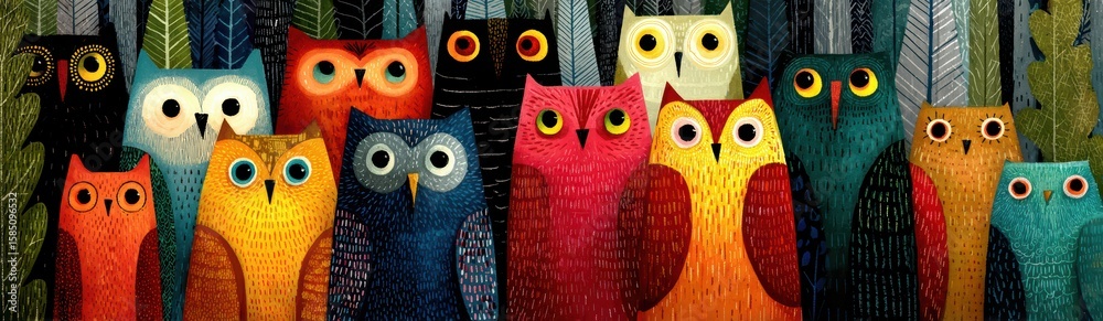 Fototapeta premium Colorful Cartoon Owls Gathered in a Whimsical Forest Setting