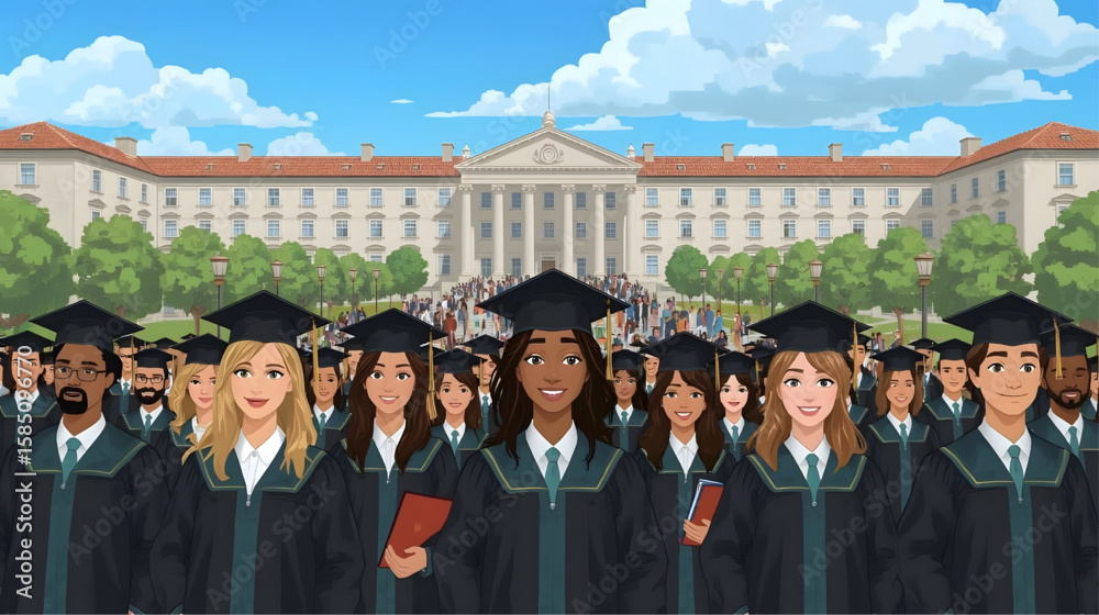 Obraz premium Anime-style illustration of a young female graduate in cap and gown standing proudly with family and a large crowd in front of a university building on a bright day.
