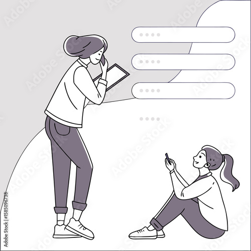 Two women interacting with digital interfaces including a tablet and mobile phone in a simple illustration