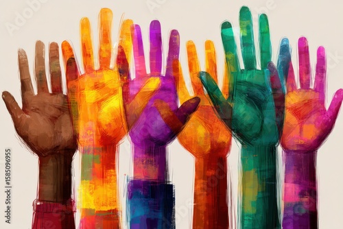 Colorful hands raised in unity expressing solidarity and diversity showcasing cultural richness and vibrancy representing togetherness in a globally connected society