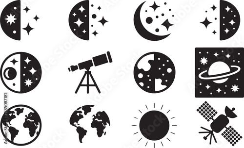 Phases of the moon with decorative elements silhouette, celestial lunar cycle design with stars and ornaments for mystical, spiritual, and boho themes