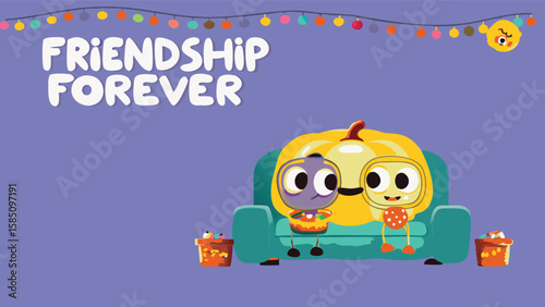 Cartoon friends sitting on a couch with friendship forever text and string lights above them