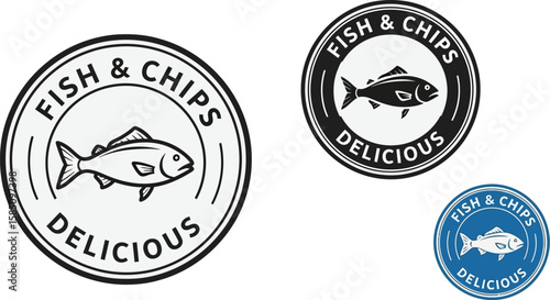 Fish and chips vector logo collection presents delicious seafood badge designs for restaurant menus and culinary creations.