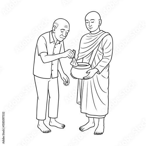 Line art of the old man offering food or give alms to the monk