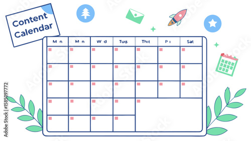 Illustration of a content calendar with leaves, rocket, tree, star, envelope, and a small calendar
