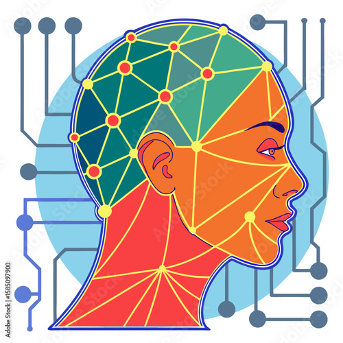 Digital human face visualized by network lines symbolizes the integration of artificial intelligence and big data into digital form. Modern technological background emphasizes the flow of intelligent 