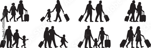 Silhouettes of families walking with luggage family people vector, isolated on white background, cutout, png, clipping path, transparent, image, download, 2025,2026 download