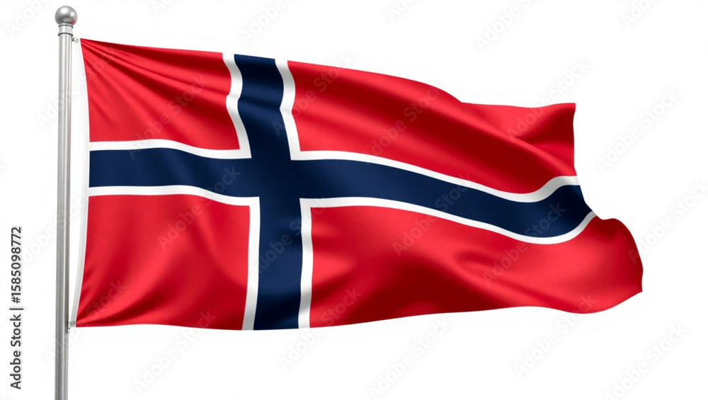 Fototapeta premium The flag of Norway waving against a white background, featuring a red field with a navy blue Nordic cross outlined in white.