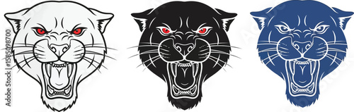 Vector illustration showcases three ferocious panther heads in different colors, embodying strength, danger, and graphic design possibilities.