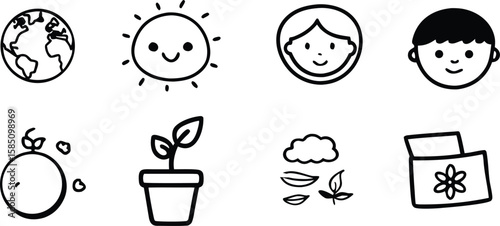 Vector art of icons representing the earth, sun, people, and nature, including a plant and clouds isolated on transparent background.