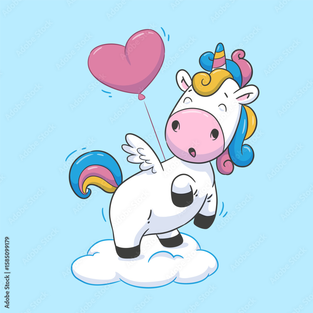 Obraz premium Adorable unicorn with a heart balloon