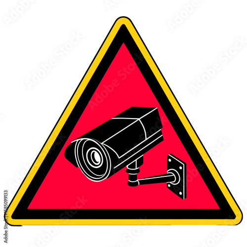 Warning sign featuring a black and white surveillance camera icon inside a red triangle with yellow border