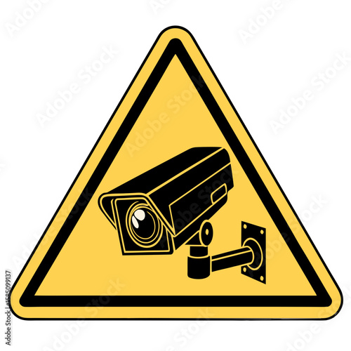 Warning sign featuring a black surveillance camera inside a yellow triangle on a black background