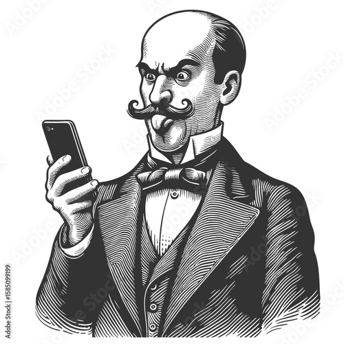 mustached Victorian man in formal attire, looking surprised while holding a modern smartphone sketch engraving generative ai fictional character vector illustration. Scratch board. Black and white.