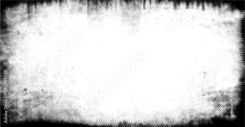 Black and white halftone pattern presents a textured border framing a light-filled space, showcasing a retro effect with tiny dot matrix points creating a speckled, stippled finish