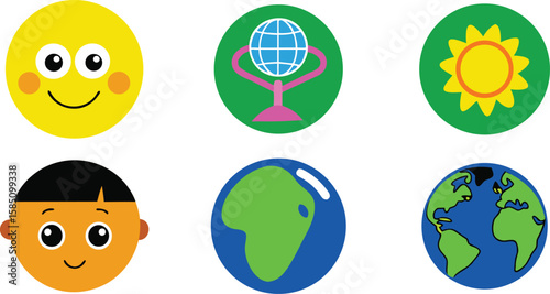 Vector art of a set of colorful icons featuring a smiley face, a childs face, and the earth isolated on transparent background.