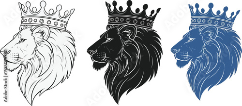 Regal lions in crowns displayed in monochrome and blue hues convey strength and nobility in a heraldic illustration.