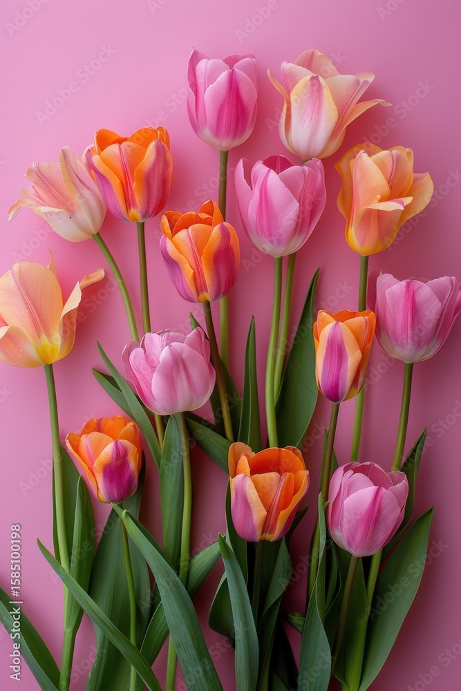 A bouquet of vibrant tulips in full bloom pink background photo. A bouquet of vibrant tulips in full bloom pink background photo.