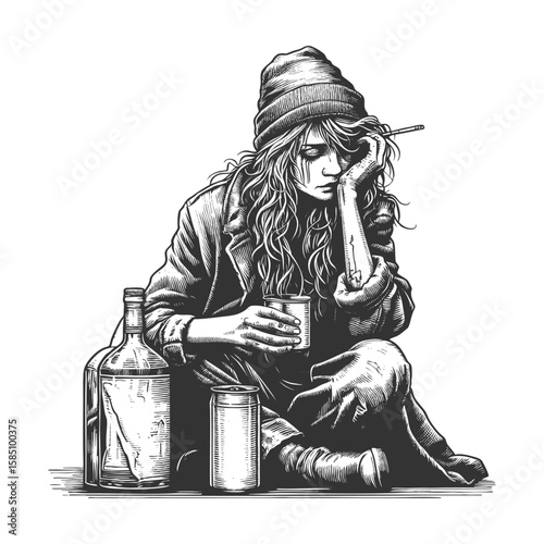 sad homeless woman sitting on the ground, holding a drink, with bottles and a cigarette sketch engraving generative ai fictional character vector illustration. Scratch board. Black and white image.
