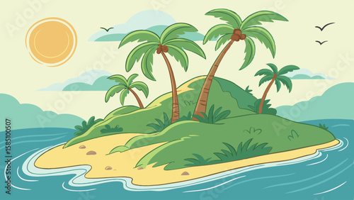 Cartoon illustration of a tropical island with palm trees, sandy beach, and blue sea under a sunny sky.