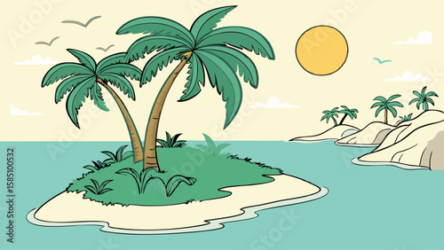 Tranquil tropical island scene with palm trees, sunny sky, and calm ocean.