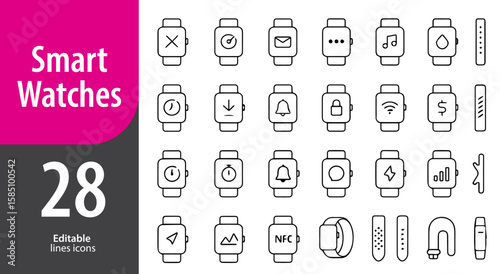 Smartwatches Line Icons, Fitness Tracker, Heart Rate, Notification Alert, Digital Display, Time Management, Editable Formats: AI, EPS, PNG, Ideal for Both UI and Print Media Use
