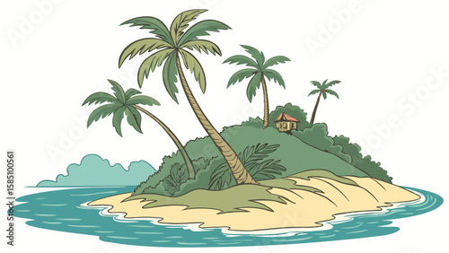 Cartoon illustration of a small tropical island with palm trees, a sandy beach, and a tiny hut on a hill, surrounded by blue ocean water.