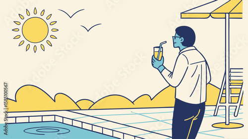 A person enjoying a refreshing drink by the pool on a sunny summer day, relaxing and taking in the view.