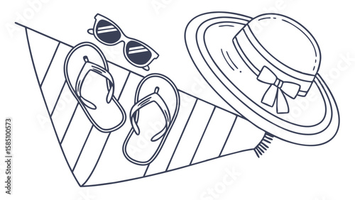 Beach essentials: sunglasses, flip-flops, hat, and towel for a relaxing summer vacation.
