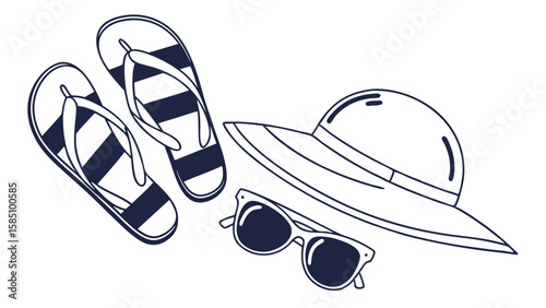 Summer accessories: flip-flops, hat, and sunglasses.