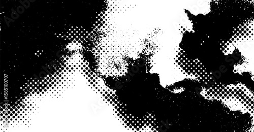 Abstract black and white graphic with halftone patterns, dynamic shapes, and contrasting textures creates a visually striking and expressive monochromatic background or design element