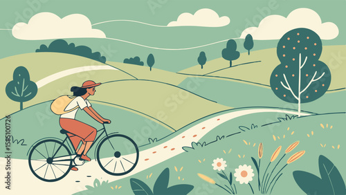 Woman cycling through a serene, idyllic countryside landscape.