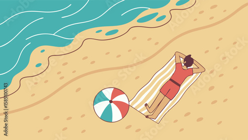 A person relaxes on a striped towel on a sandy beach next to a colorful beach umbrella, with gentle waves lapping the shore.