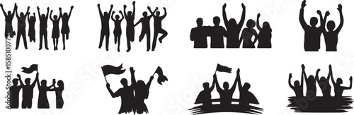 Silhouettes of people celebrating with raised arms and flags celebration victory vector, isolated on white background, cutout, png, clipping path, transparent, image, download, 2025,2026 download