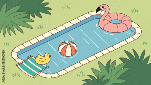 Illustration of a swimming pool with a flamingo float, beach ball, and rubber ducky.