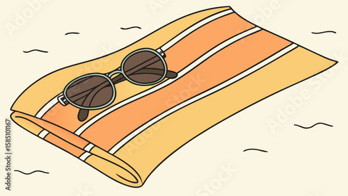 An illustration of round sunglasses resting on a folded, striped orange and yellow beach towel on the sand.