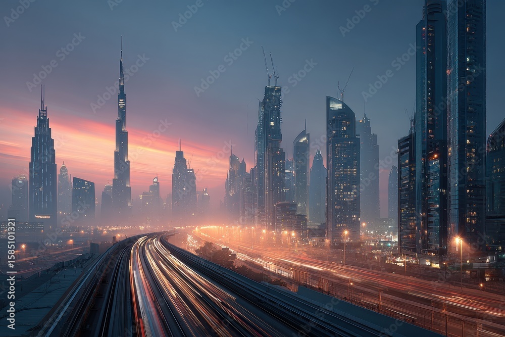 Fototapeta premium Night cityscape with futuristic towers and bright lights in Dubai, United Arab Emirates, shrouded in a misty haze